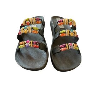 Grandco Womens Multi Color Beaded Slide Sandals Black Wedge Sole Size 8 Boho